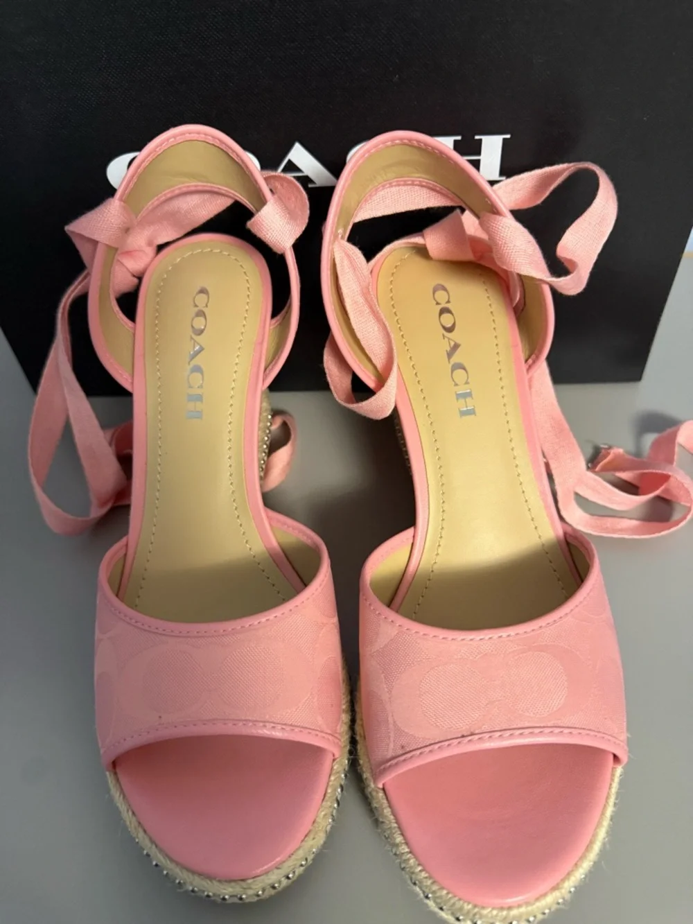 NEW Coach Pink Signature Espadrille Wedge Sandals with Ankle Wraps 6.5 - Picture 4 of 7